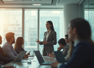 Jeune femme professionnelle donnant une présentation en bureau lumineux