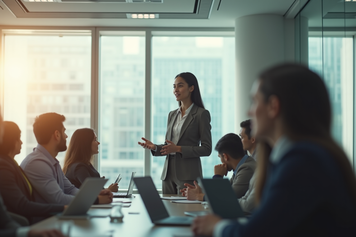 Jeune femme professionnelle donnant une présentation en bureau lumineux