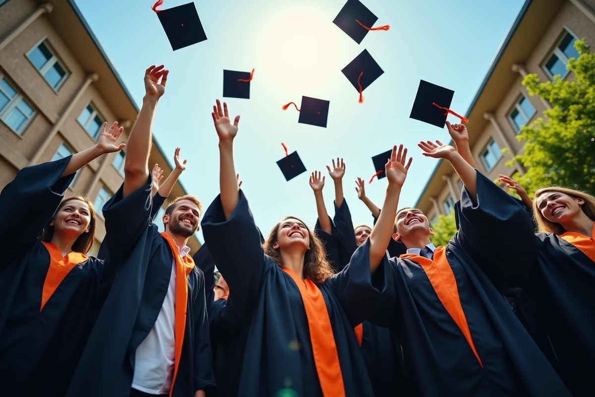 Groupe de diplômés lançant leurs chapeaux en l