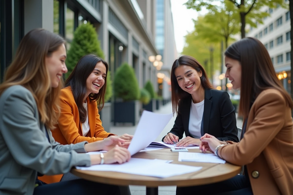 Groupe de jeunes diplômés discutant autour d un café en ville