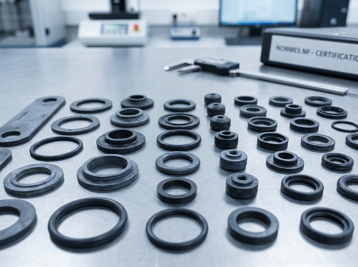 Vue macro de joints et amortisseurs en élastomère disposés sur une surface de laboratoire de contrôle qualité industriel