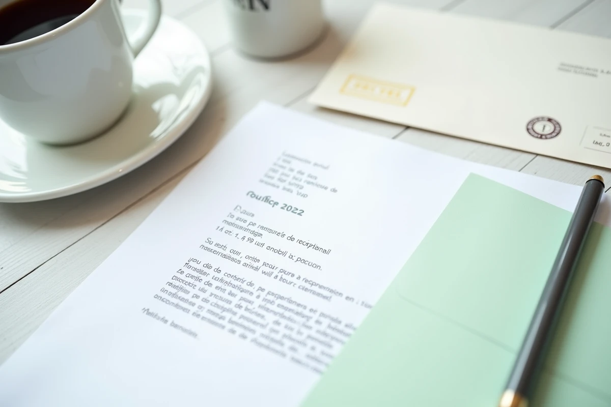 Vue de dessus d'une lettre recommandée, d'un accusé de réception et d'une enveloppe timbrée posés sur une table