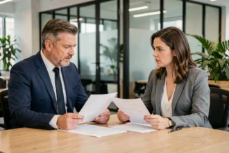 Un consultant en portage salarial et une responsable RH examinent des documents de licenciement dans un bureau professionnel moderne