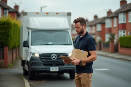 Livreur indépendant Amazon consultant des documents administratifs à côté de son véhicule de livraison dans un quartier résidentiel