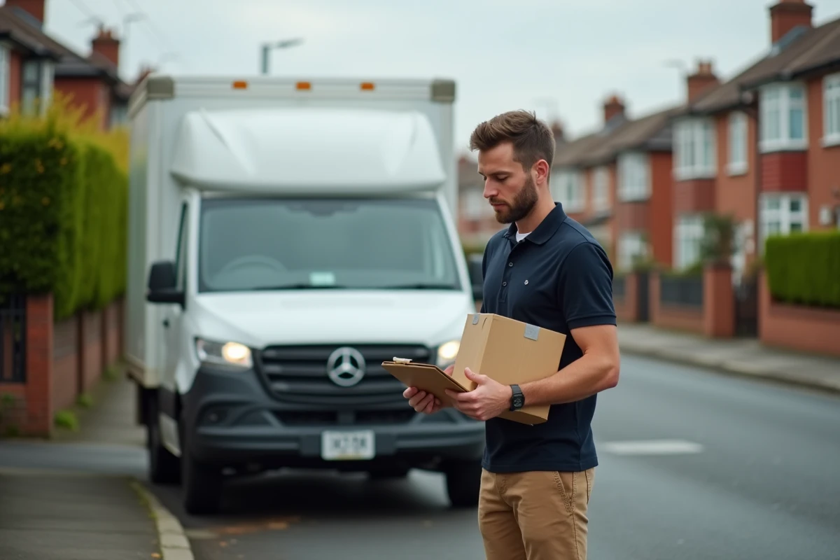 Livreur indépendant Amazon consultant des documents administratifs à côté de son véhicule de livraison dans un quartier résidentiel