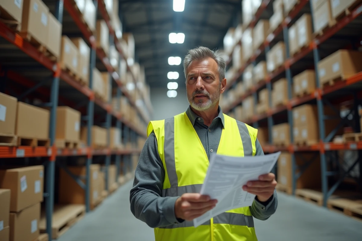 Livreur indépendant Amazon dans un entrepôt logistique tenant un bon de livraison et un scanner de colis