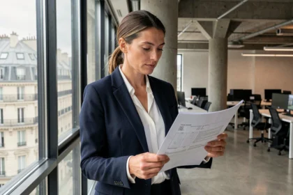 Professionnelle analysant des documents de location de bureaux dans un espace de travail moderne à Paris