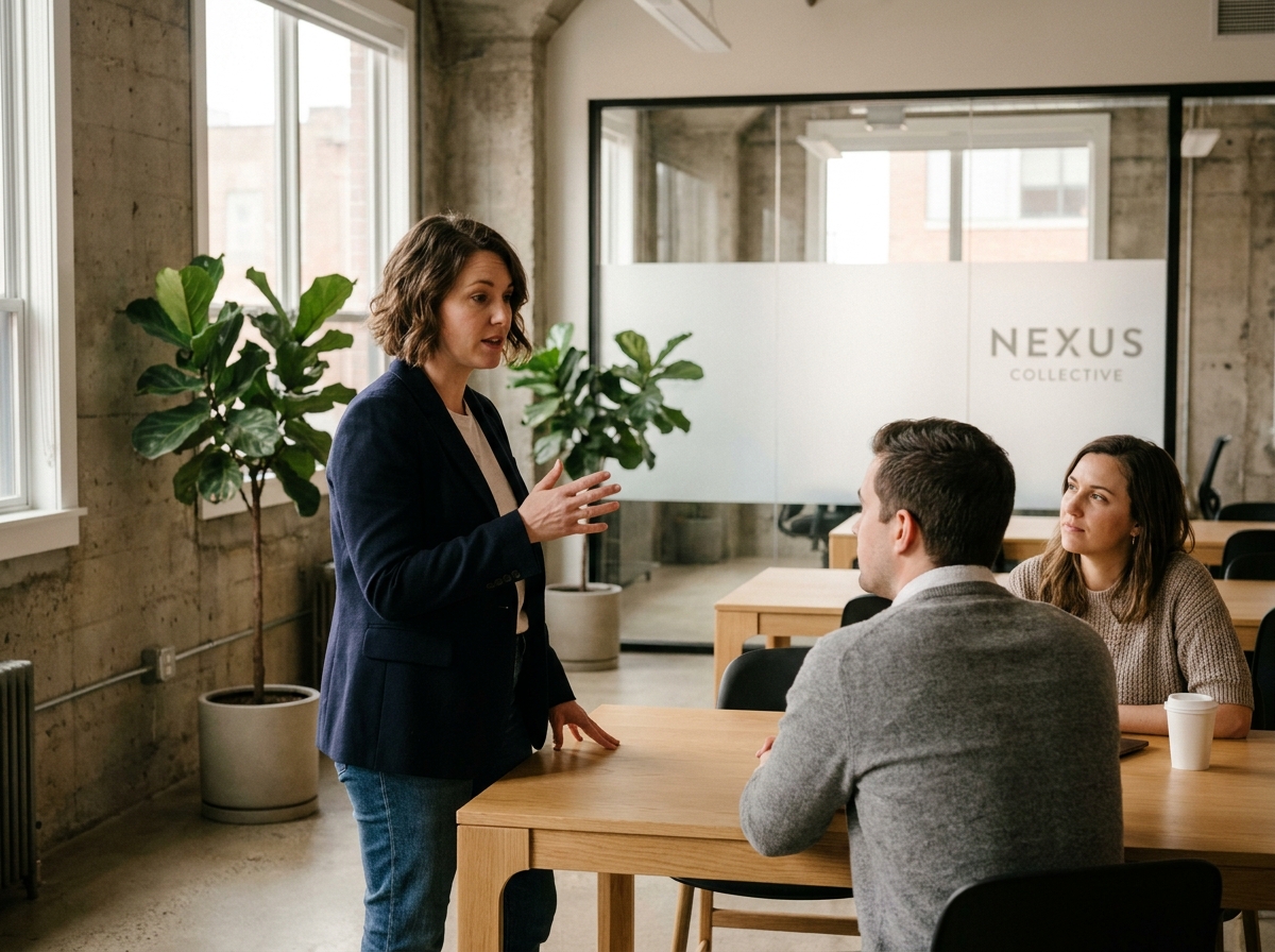 Femme manager présentant la marque employeur à son équipe dans un bureau moderne