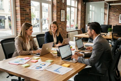Équipe d'une agence SEO dans la Sarthe travaillant autour d'une table avec des rapports d'analyse et des ordinateurs portables