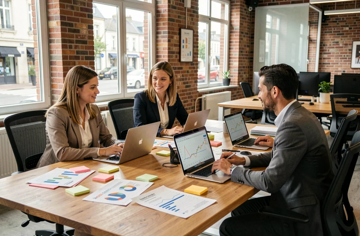 Équipe d'une agence SEO dans la Sarthe travaillant autour d'une table avec des rapports d'analyse et des ordinateurs portables