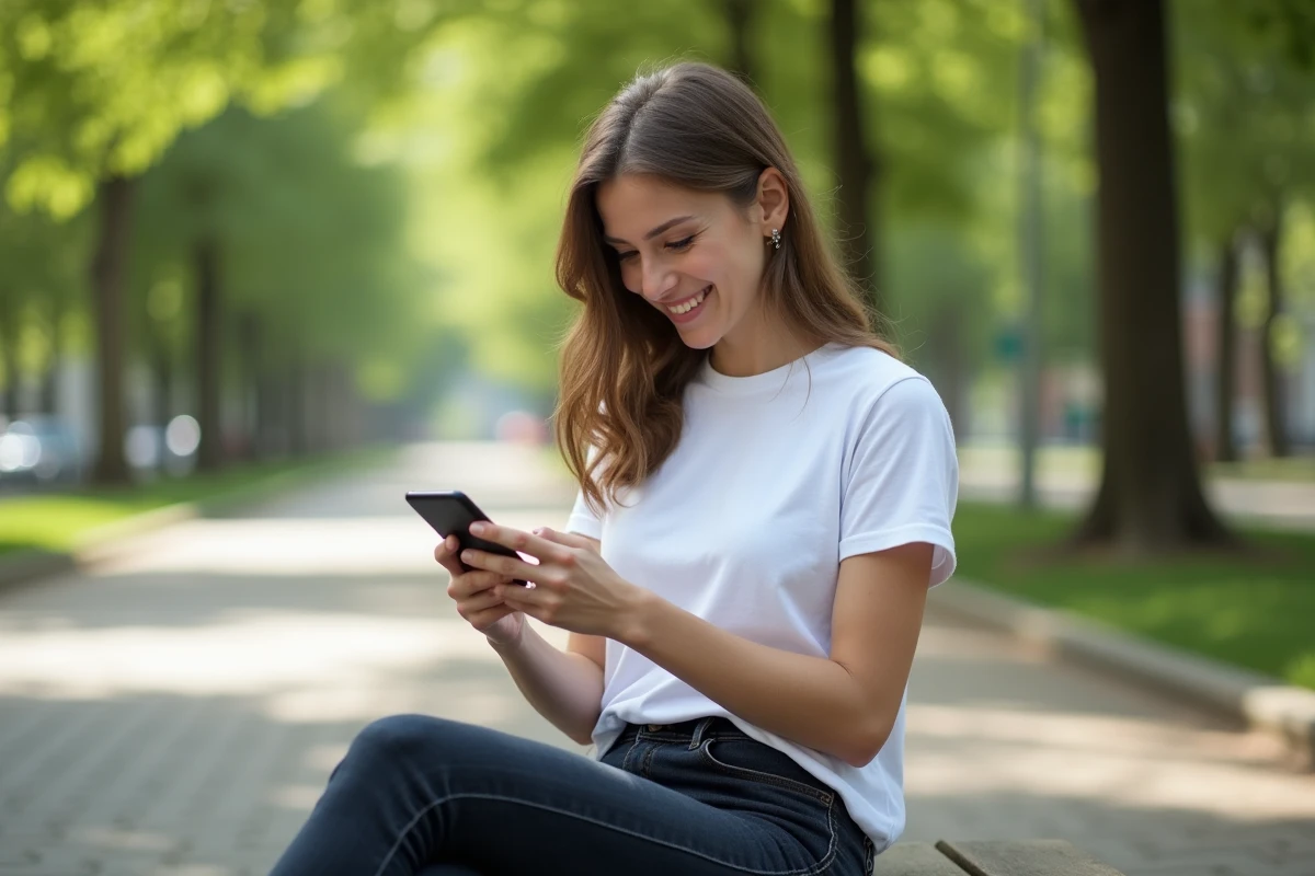 Jeune femme accédant à MyPeopleDoc depuis son téléphone portable en extérieur, illustration des modes de connexion mobile
