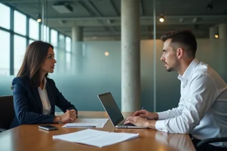 Deux professionnels en réunion de négociation B2B autour d'une table de conférence moderne avec documents et ordinateur portable