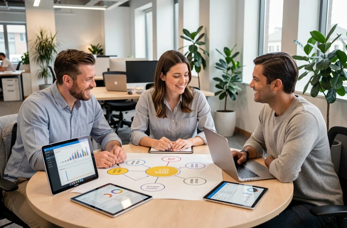 Équipe de l'agence digitale Noqode collaborant sur un projet SEO avec des plans de stratégie digitale et des tableaux de bord
