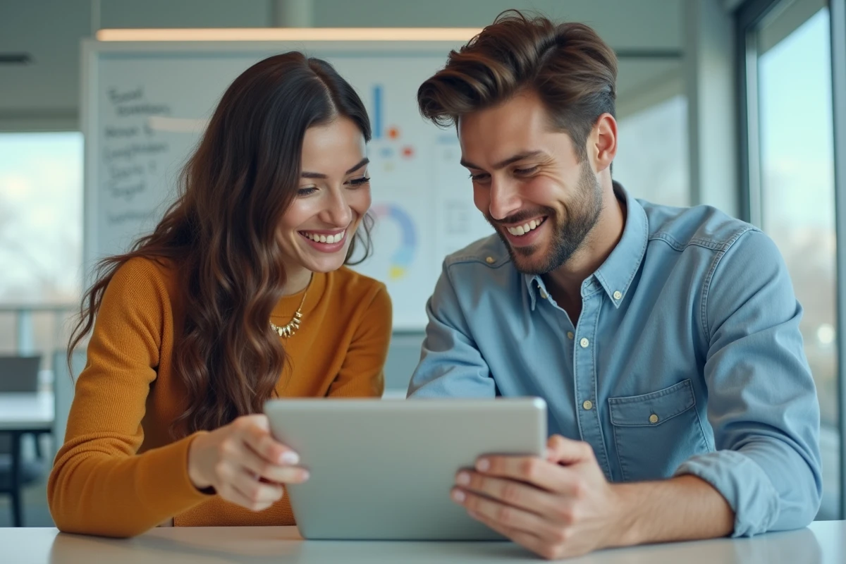 Deux nouveaux courtiers collaborant sur l'extranet AXA Courtage via une tablette dans une salle de réunion contemporaine