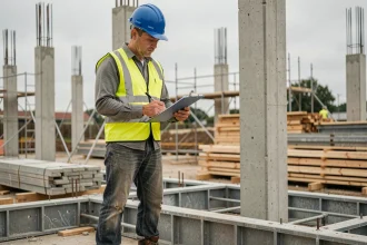 Ouvrier BTP niveau N4P2 consultant un document technique sur un chantier de construction avec structure en béton et échafaudages en arrière-plan