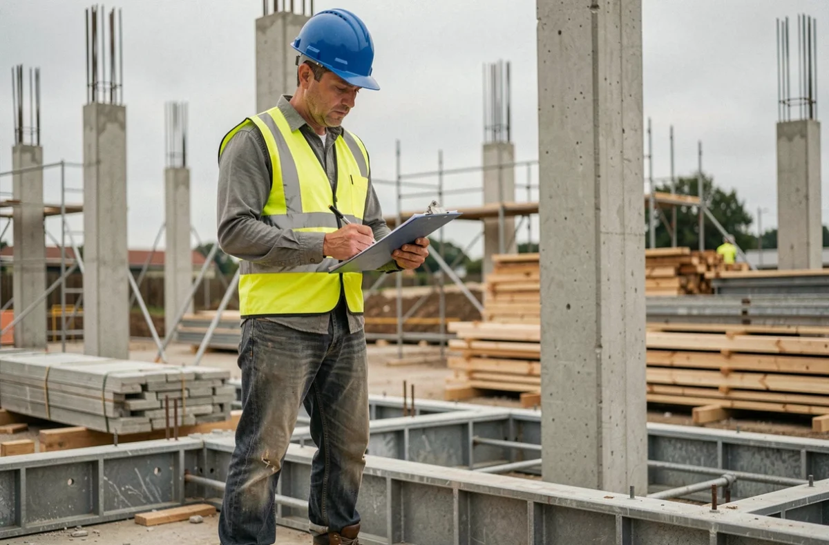 Ouvrier BTP niveau N4P2 consultant un document technique sur un chantier de construction avec structure en béton et échafaudages en arrière-plan