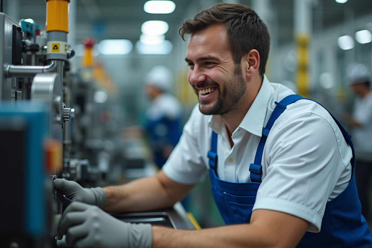 Ouvrier français souriant dans une usine propre et lumineuse