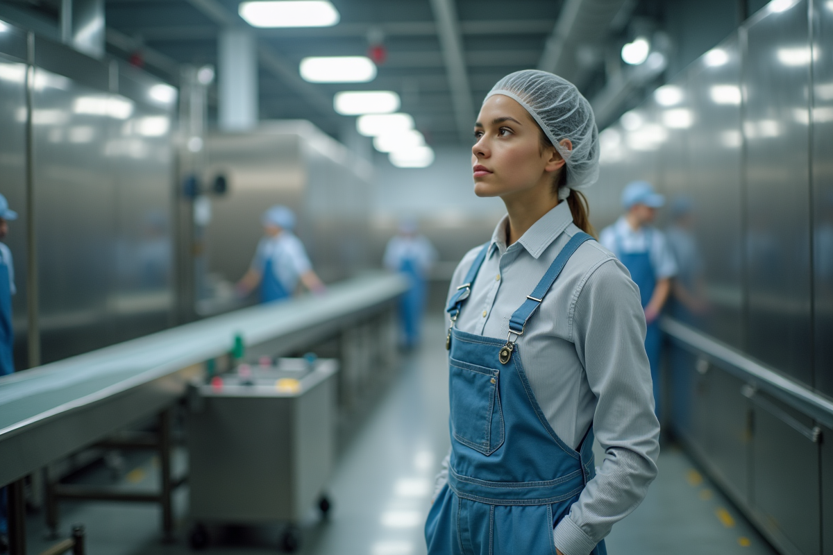 Jeune femme en uniforme dans une usine alimentaire