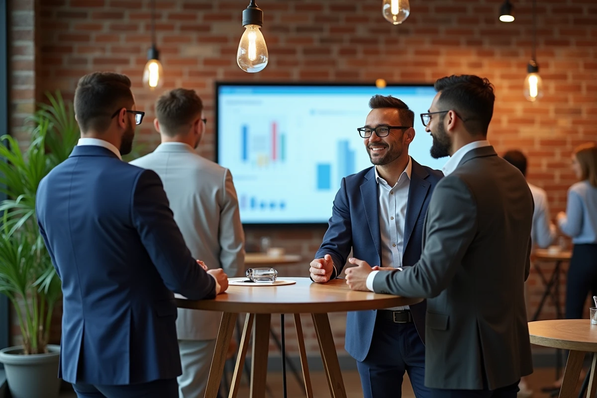 Groupe de partenaires commerciaux internationaux discutant d'une présentation B2B dans un espace de coworking moderne