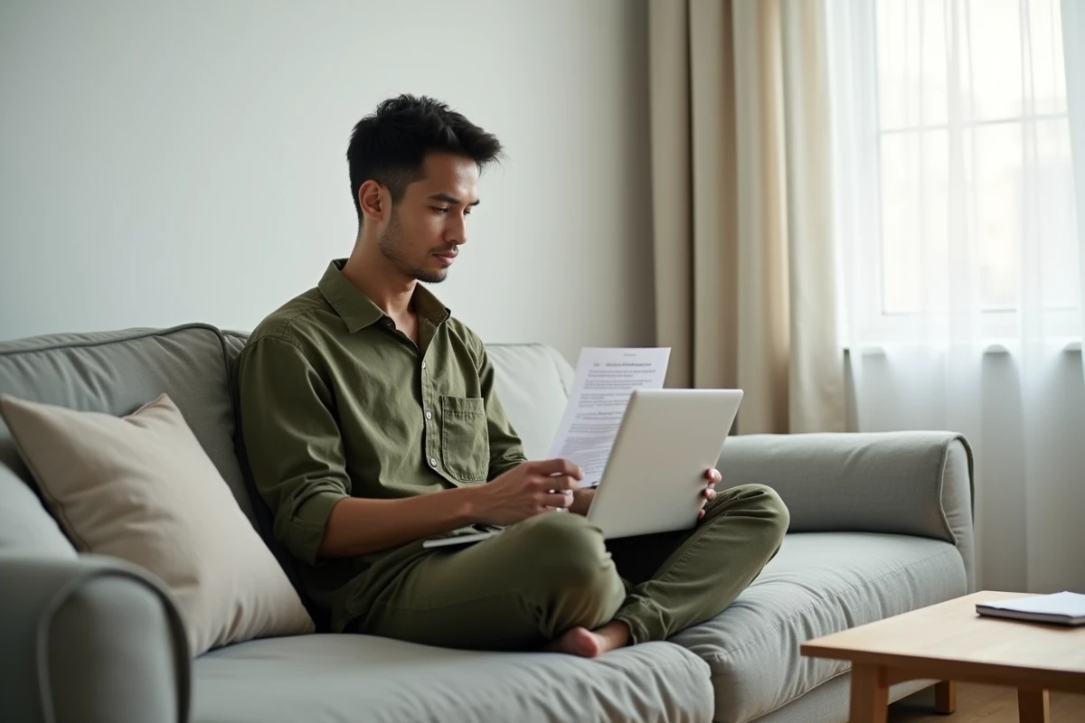 Personne en télétravail depuis son salon, symbolisant la flexibilité des nouveaux métiers pour une reconversion professionnelle