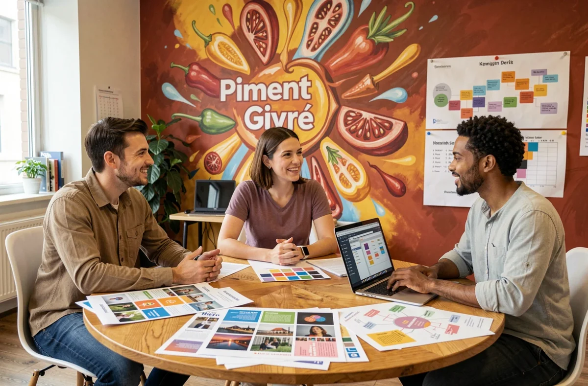 Équipe créative de Piment Givré en réunion de stratégie de contenu SEO dans leur studio coloré en Charente