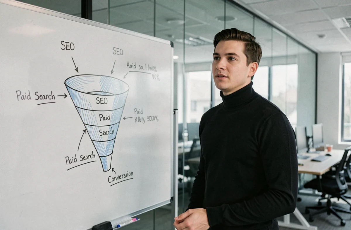 Expert de l'agence Pixbid présentant une stratégie d'acquisition digitale et SEO sur un tableau blanc en salle de réunion