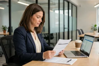Femme consultante en portage salarial examinant des documents administratifs dans un espace de coworking moderne