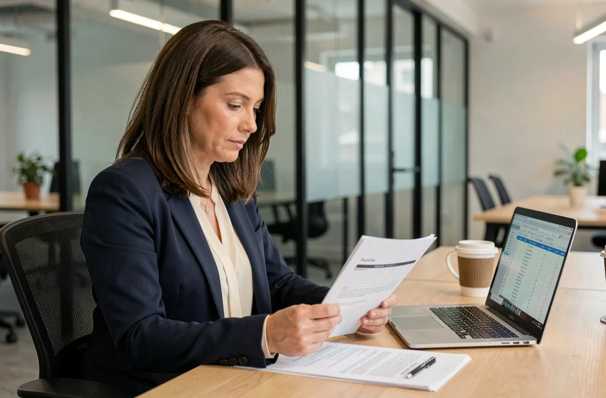 Femme consultante en portage salarial examinant des documents administratifs dans un espace de coworking moderne