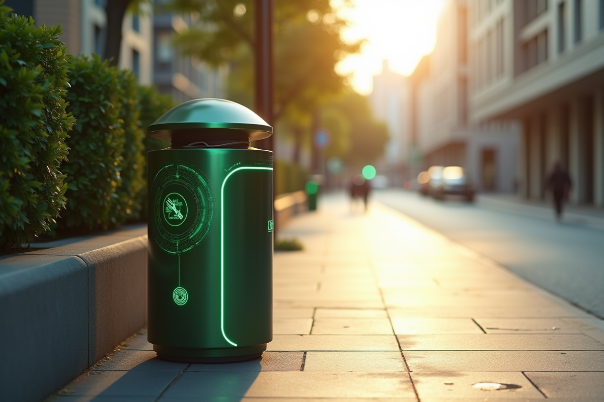 Poubelle connectee urbaine sous le soleil du matin