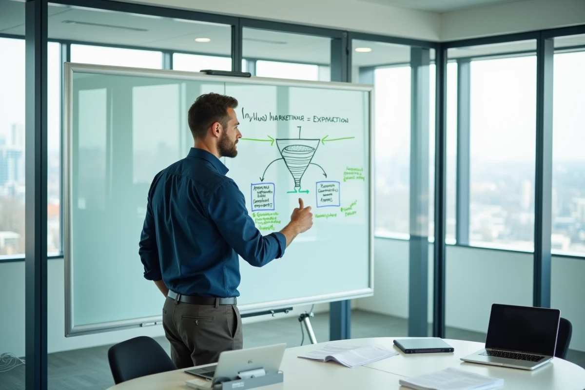 Homme présentant une stratégie inbound marketing sur un tableau blanc dans une salle de réunion moderne avec vue urbaine
