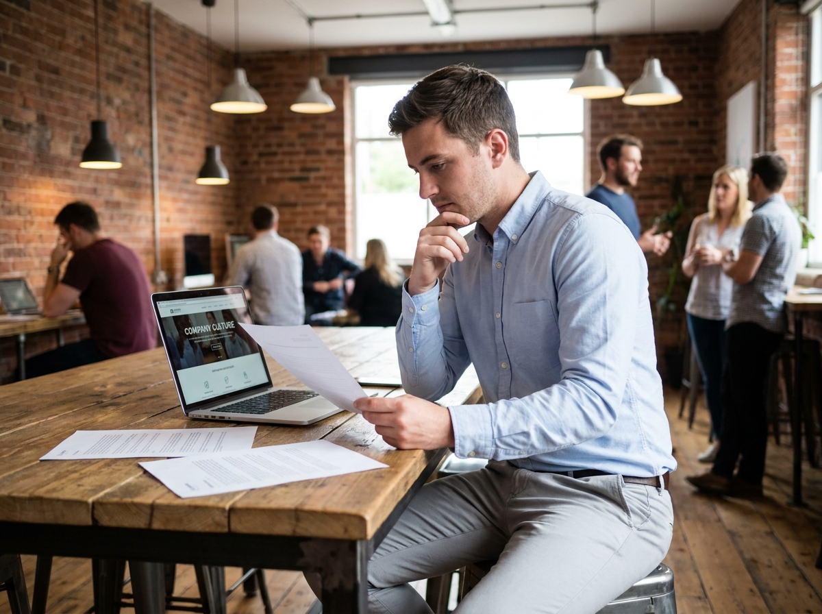 Jeune professionnel consultant des documents sur la culture d'entreprise dans un espace de coworking