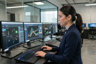 Professionnelle en cybersécurité analysant des tableaux de bord de sécurité réseau sur plusieurs écrans dans un centre opérationnel moderne