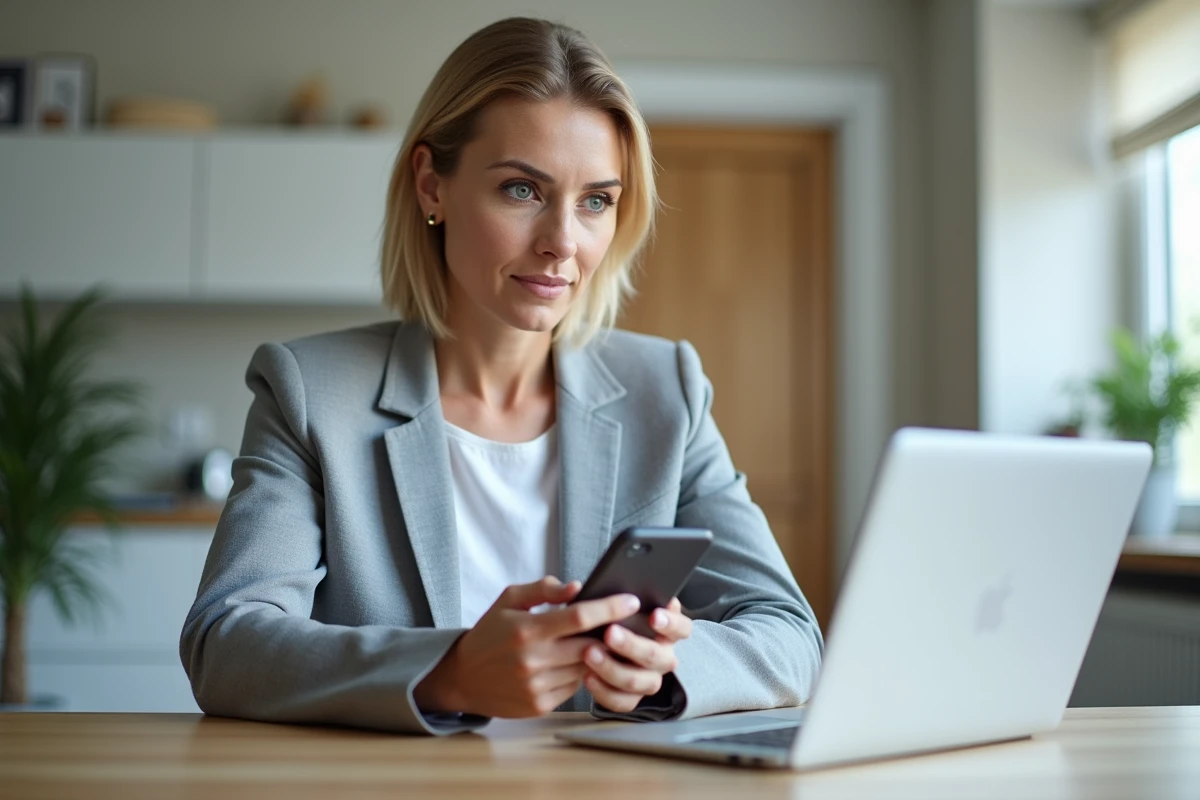 Professionnelle indépendante cherchant une solution de connexion sur artisan-en-1-clic.fr depuis son domicile avec smartphone et tablette