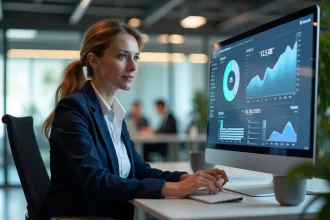 Professionnelle en blazer marine consultant un tableau de bord de ventes B2B sur ordinateur dans un bureau moderne