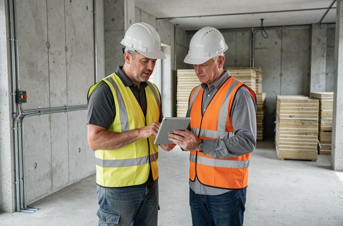 Deux professionnels BTP de niveaux N4P1 et N4P2 discutant d'un projet sur tablette numérique à l'intérieur d'un bâtiment en construction