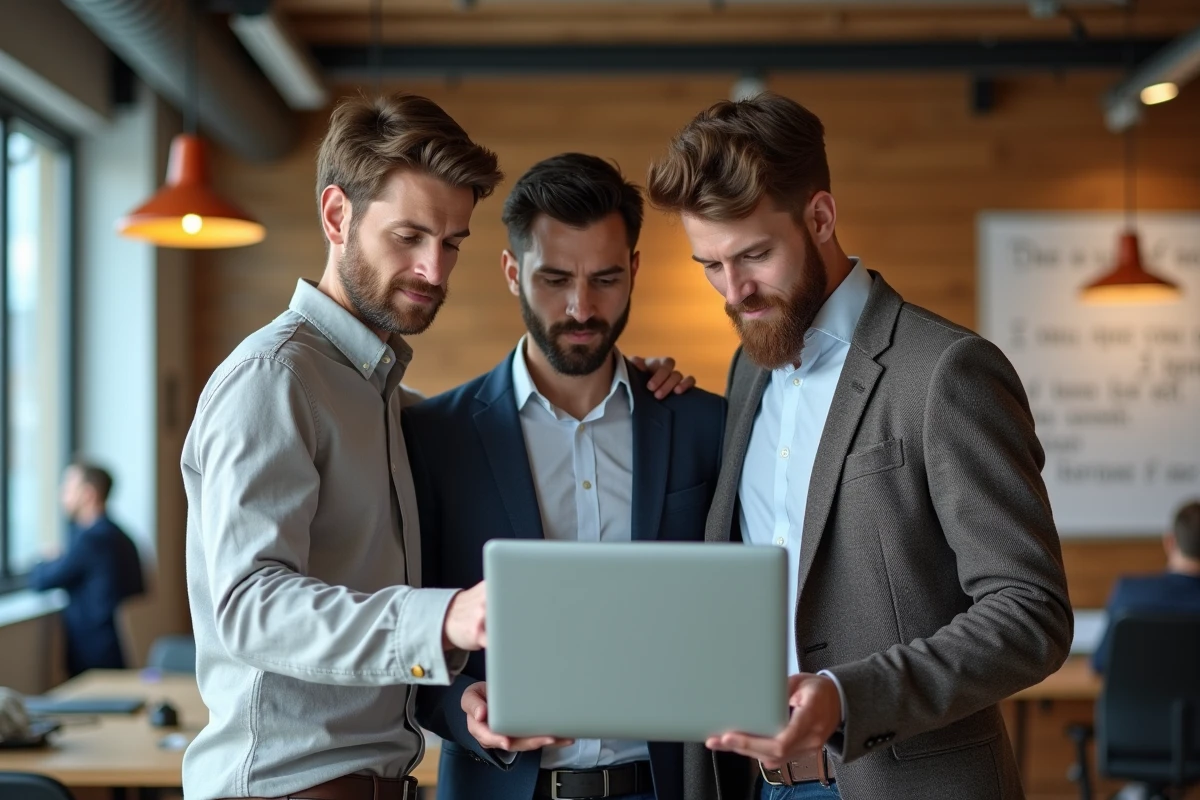Professionnels discutant de corrections grammaticales en français autour d'un ordinateur portable