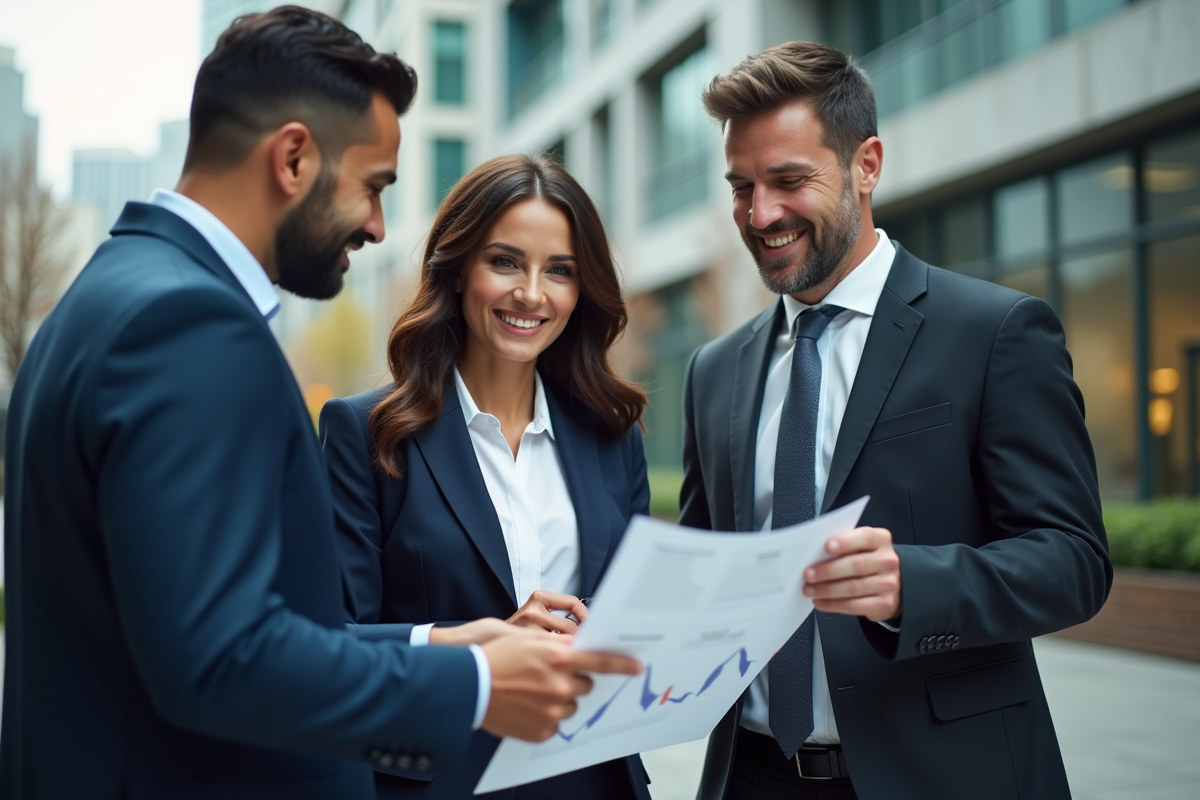Professionnels discutant dehors devant un bâtiment moderne