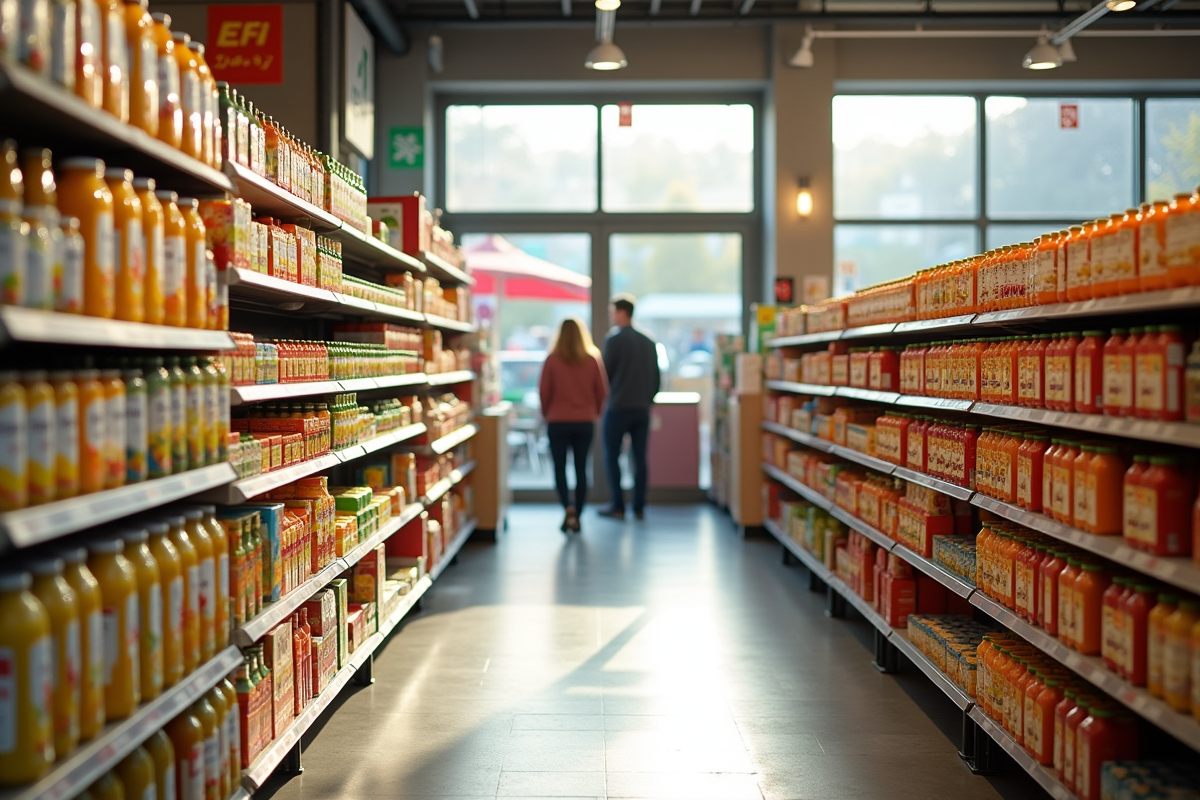 Rayon de supermarché avec jus de fruits Jafaden sur étagères colorées