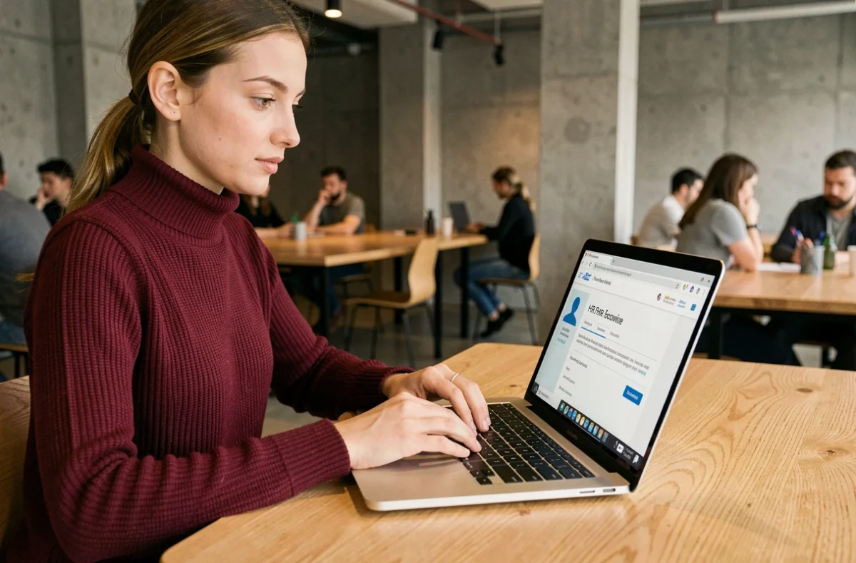 Jeune professionnelle récupérant l'accès à son compte HR4YOU depuis un espace de coworking moderne