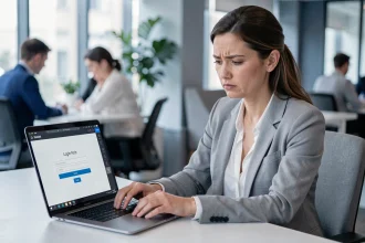 Femme en blazer gris réinitialisant son mot de passe sur un portail RH depuis un bureau professionnel