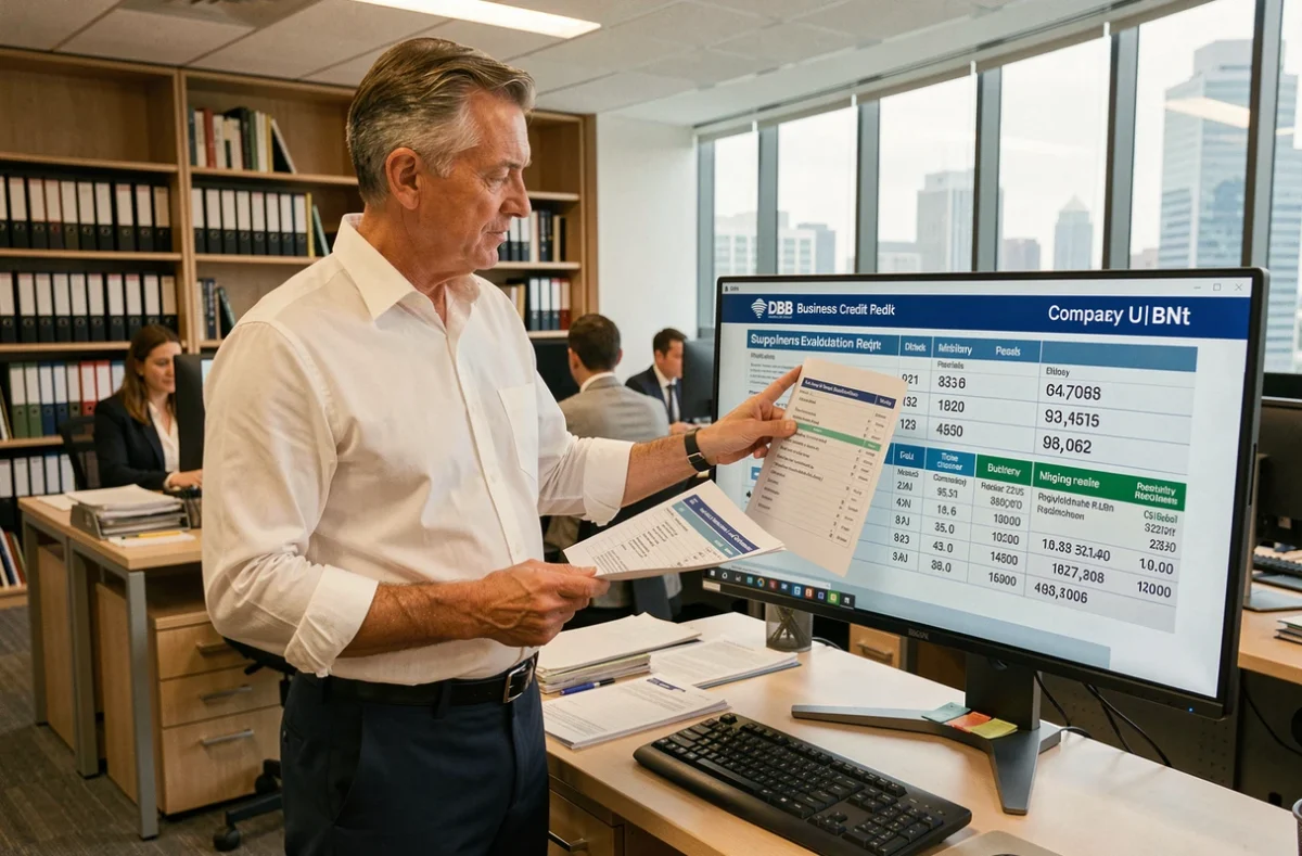 Responsable achats analysant un rapport de crédit fournisseur avec numéro D-U-N-S affiché sur grand écran dans un service financier