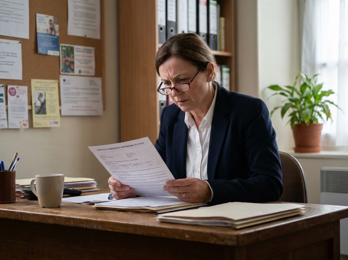 Responsable associative lisant un document de responsabilité civile dans un bureau d'association