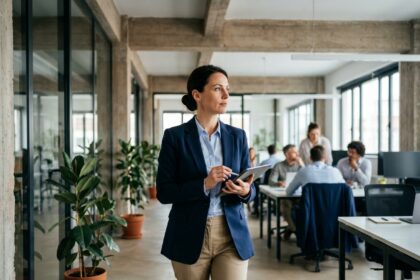 Responsable du facility management marchant dans un bureau moderne avec une tablette numérique