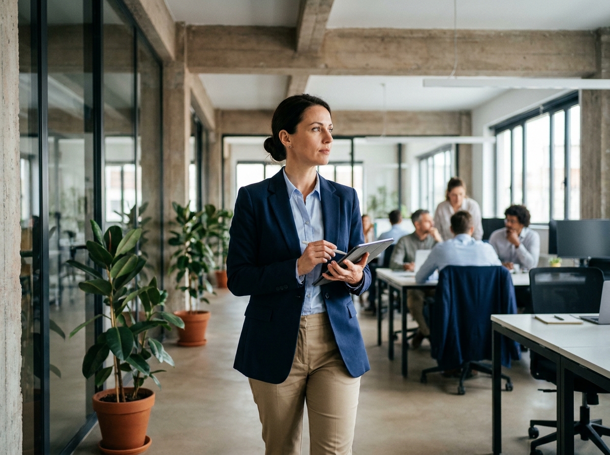 Responsable du facility management marchant dans un bureau moderne avec une tablette numérique