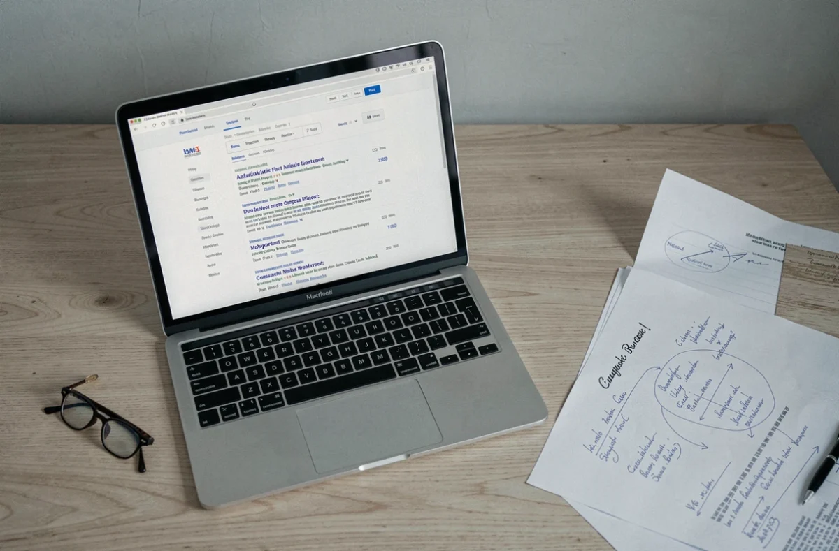Vue aérienne d'un ordinateur affichant des résultats de recherche contradictoires avec des notes manuscrites et des lunettes sur un bureau