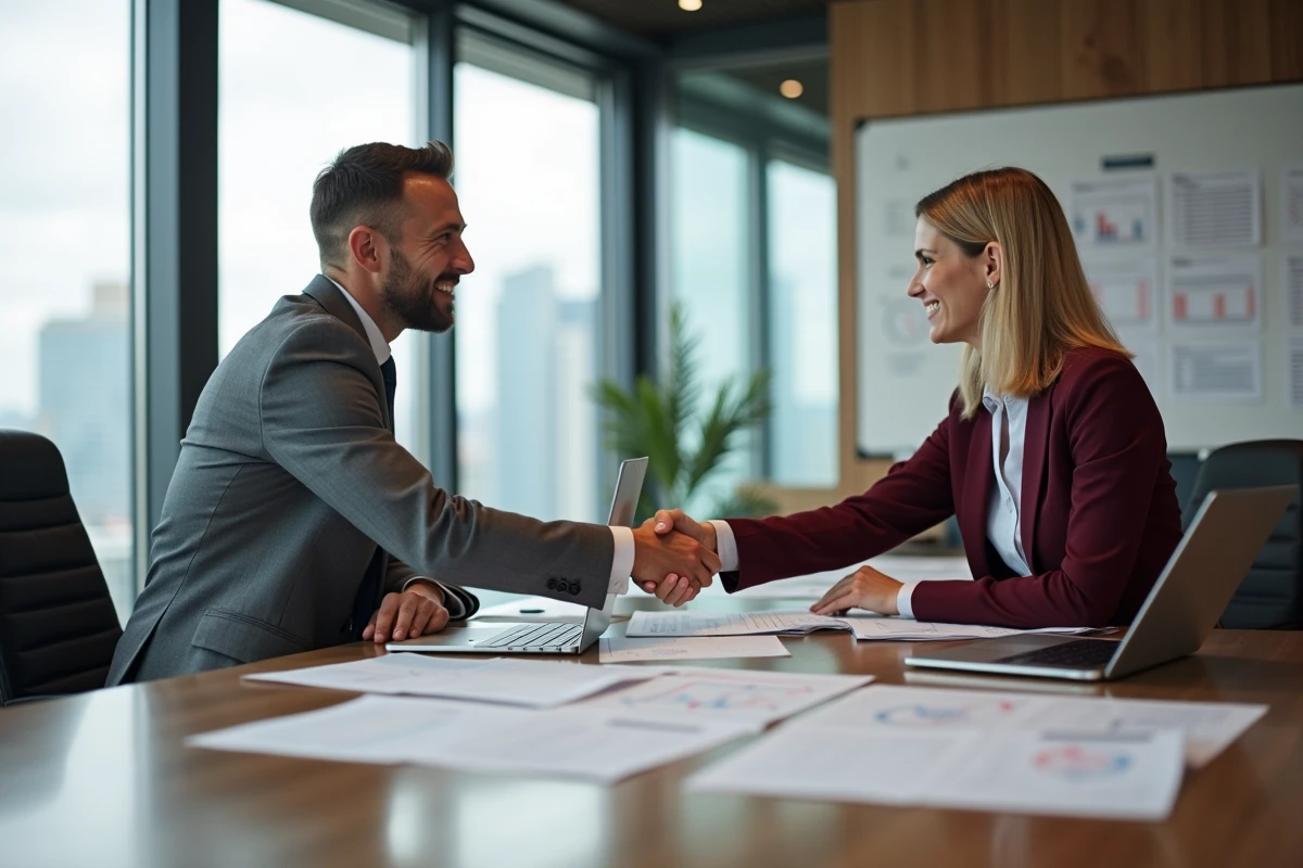 Deux professionnels en réunion d'affaires B2B se serrant la main autour d'une table de conférence avec des rapports et des ordinateurs portables