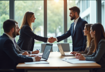 Réunion dans un bureau moderne avec professionnels en discussion