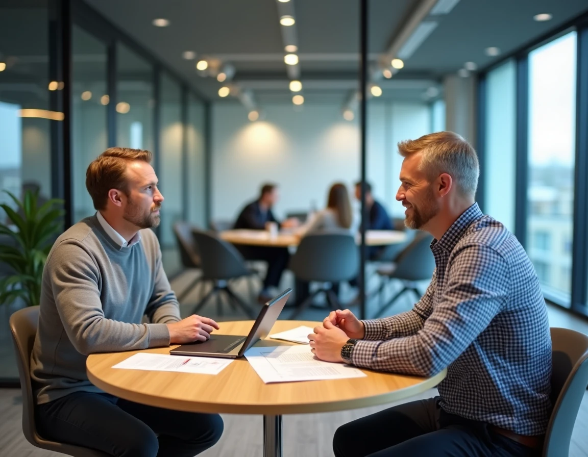 Réunion de conseil entrepreneurial entre deux chefs d'entreprise dans un centre d'accompagnement alsacien, représentant l'aide aux créateurs en Haut-Rhin