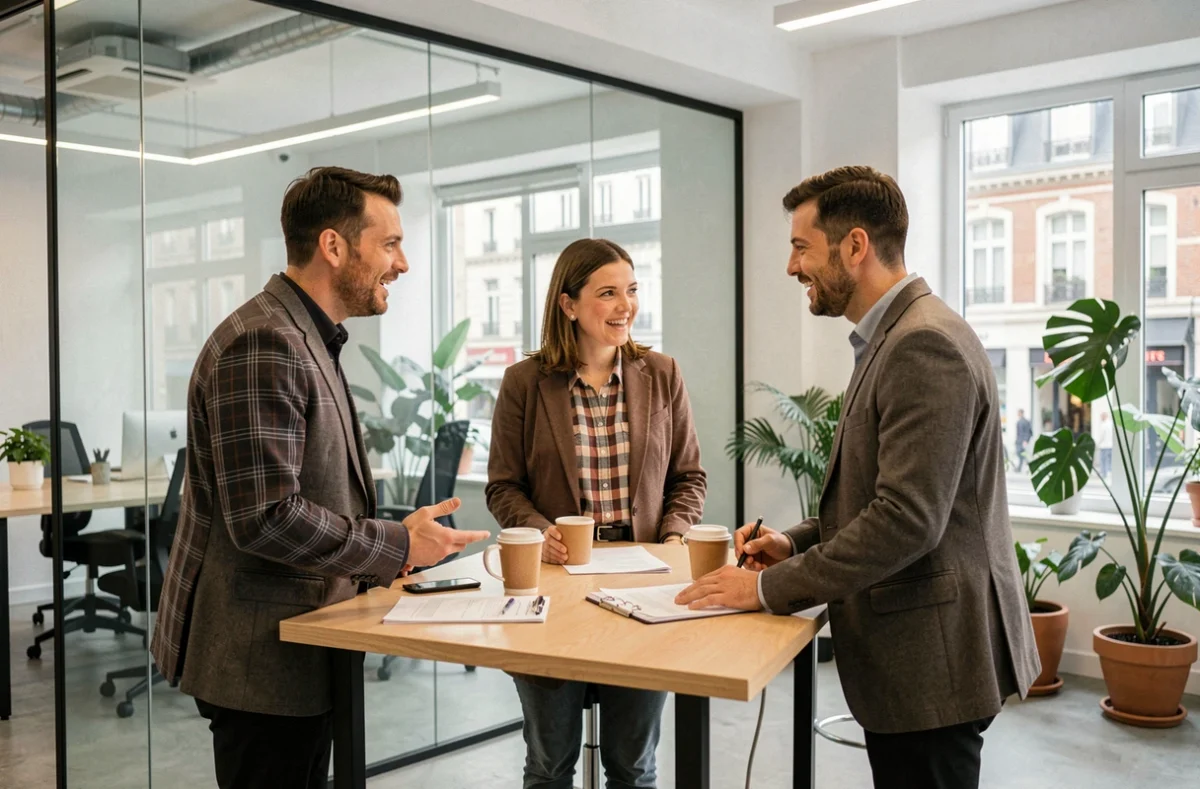 Groupe d'entrepreneurs en réunion informelle dans un espace de coworking moderne à Vincennes