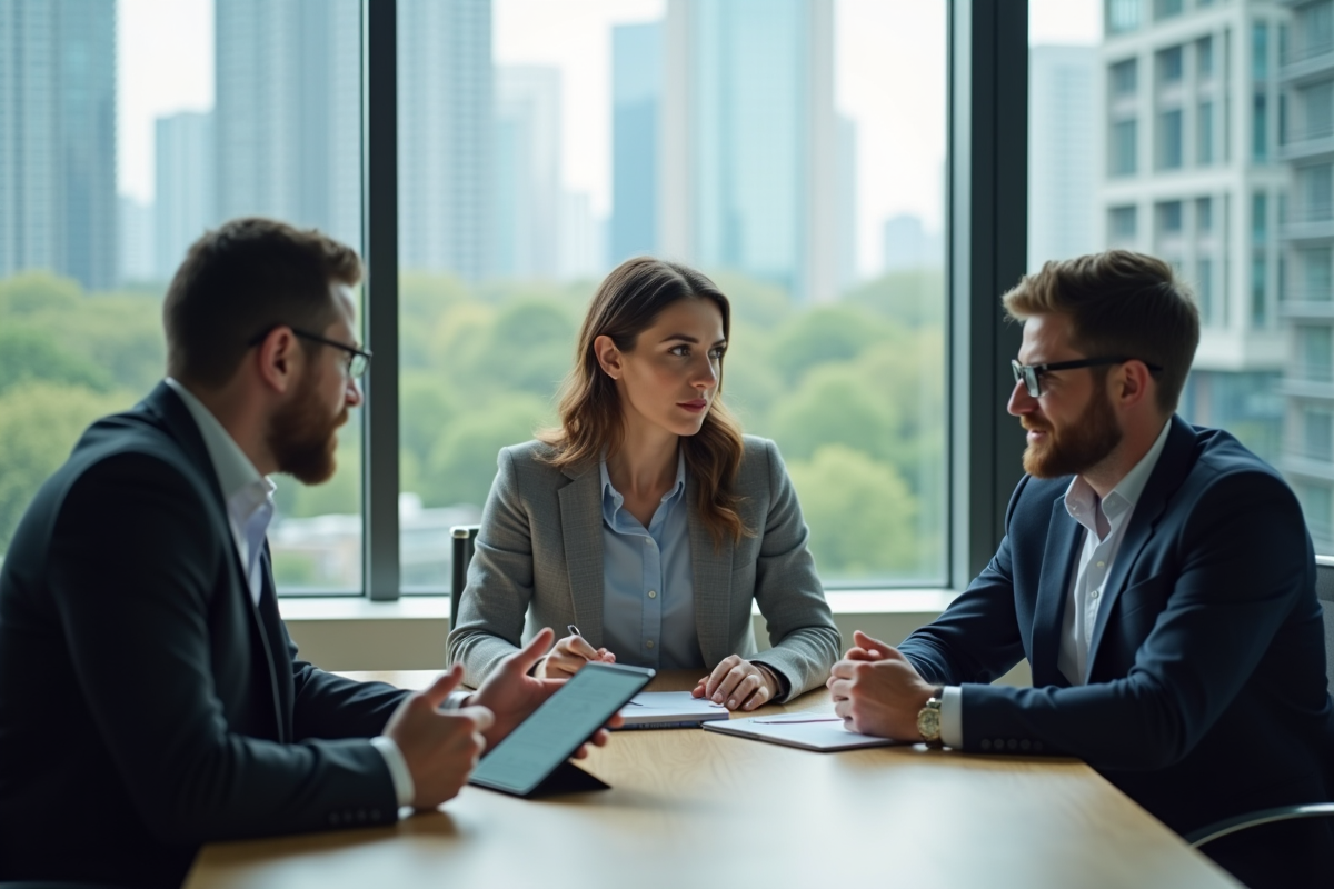 Groupe de professionnels en réunion dans une salle moderne